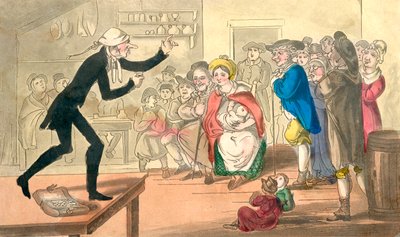 Dr. Comicus vendant ses pilules, des Aventures de Dr. Comicus ou Les Frasques de la Fortune, publié vers 1815 (aquatinte en couleur) - English School